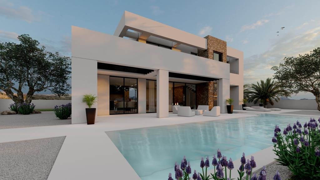 Neubauprojekt einer modernen Luxusvilla mit traditionellen Elementen sowie Pool und Meerblick