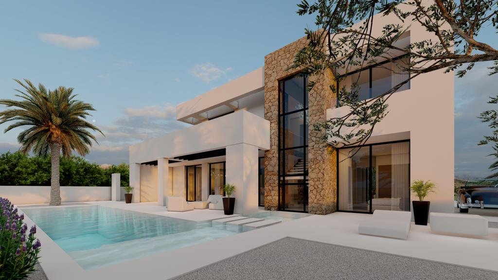 Neubauprojekt einer modernen Luxusvilla mit traditionellen Elementen sowie Pool und Meerblick