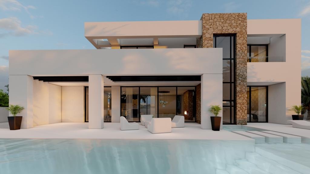 Neubauprojekt einer modernen Luxusvilla mit traditionellen Elementen sowie Pool und Meerblick